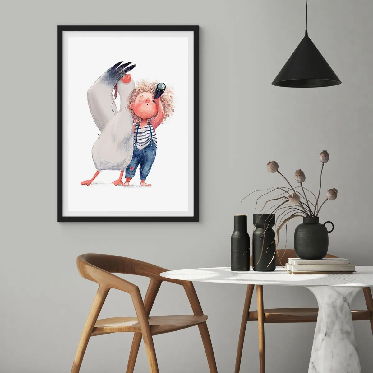 Affiche dans un cadre noir - Poster - Illustration d'un enfant avec des jumelles et un oiseau les accompagnant - 50x70cm - Plan de grand voyage - Décoration murale moderne pour le salon et la chambre ARTTOR