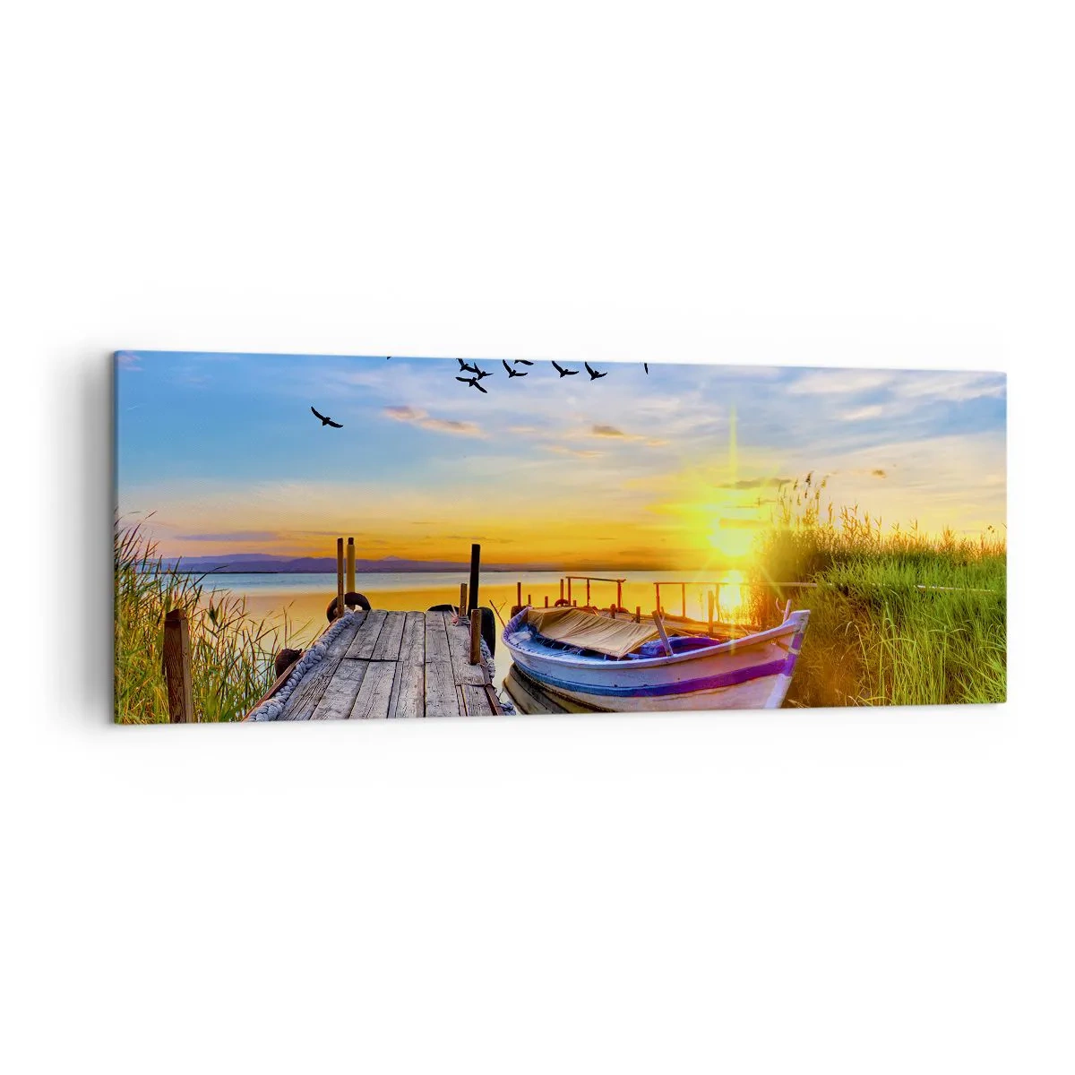 Impression sur toile - Image sur toile - Un bateau sur une jetée en bois au coucher du soleil - 140x50cm - Au revoir, à demain - Décoration murale moderne pour le salon et la chambre ARTTOR