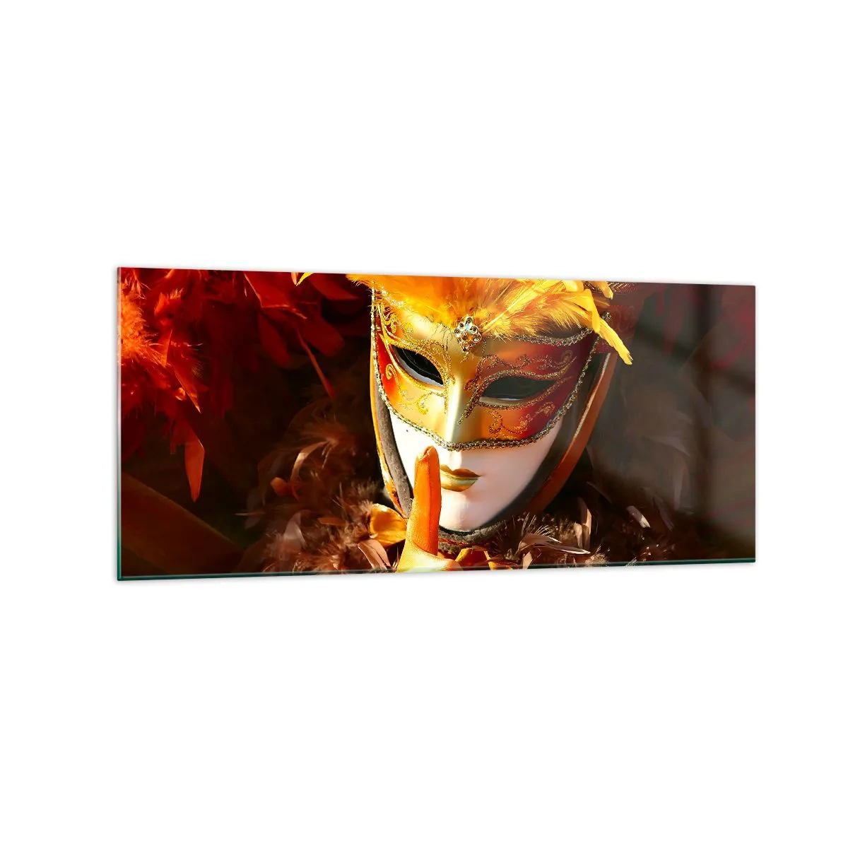 Impression sur verre - Image sur verre - Masque de carnaval aux tons or et orange - 120x50cm - Le secret est une partie du jeu - Décoration murale moderne pour le salon et la chambre ARTTOR