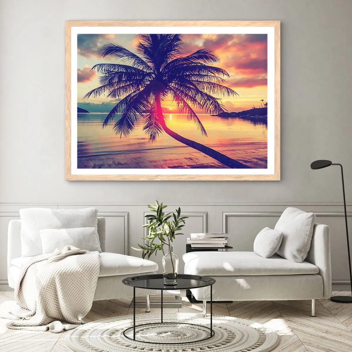 Affiche dans un chêne clair - Poster - Soirée sous les palmiers - 100x70 cm