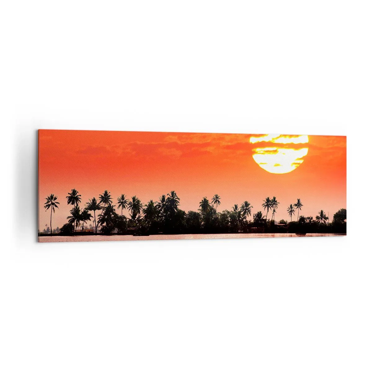 Impression sur toile - Image sur toile - Coucher de soleil tropical avec un bateau et des palmiers en arrière-plan - 160x50cm - La tranquillité des tropiques au coucher du soleil - Décoration murale moderne pour le salon et la chambre ARTTOR