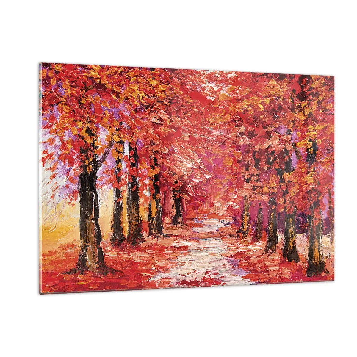 Impression sur verre - Image sur verre - Une ruelle pittoresque aux couleurs d'automne pleine de nuances chaudes - 120x80cm - Impression d'automne - Décoration murale moderne pour le salon et la chambre ARTTOR
