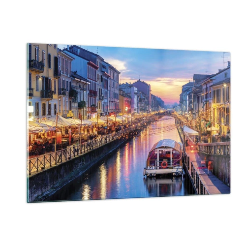 Impression sur verre - Image sur verre - Vue nocturne du canal illuminé avec bateaux et cafés - 120x80cm - Soirée de lumière et de jeu - Décoration murale moderne pour le salon et la chambre ARTTOR