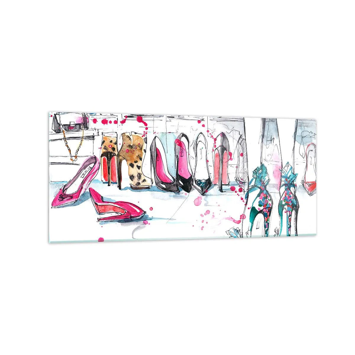 Impression sur verre - Image sur verre - Graphismes artistiques mettant en vedette des talons hauts et des accessoires - 120x50cm - Sésame, ouvre-toi - Décoration murale moderne pour le salon et la chambre ARTTOR