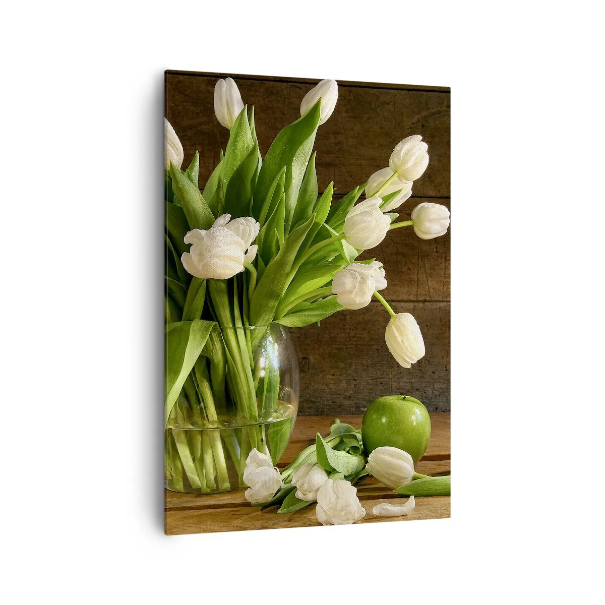 Impression sur toile - Image sur toile - Un bouquet de tulipes blanches dans un vase en verre avec des pommes vertes - 70x100cm - Juteux et frais en vert et blanc - Décoration murale moderne pour le salon et la chambre ARTTOR