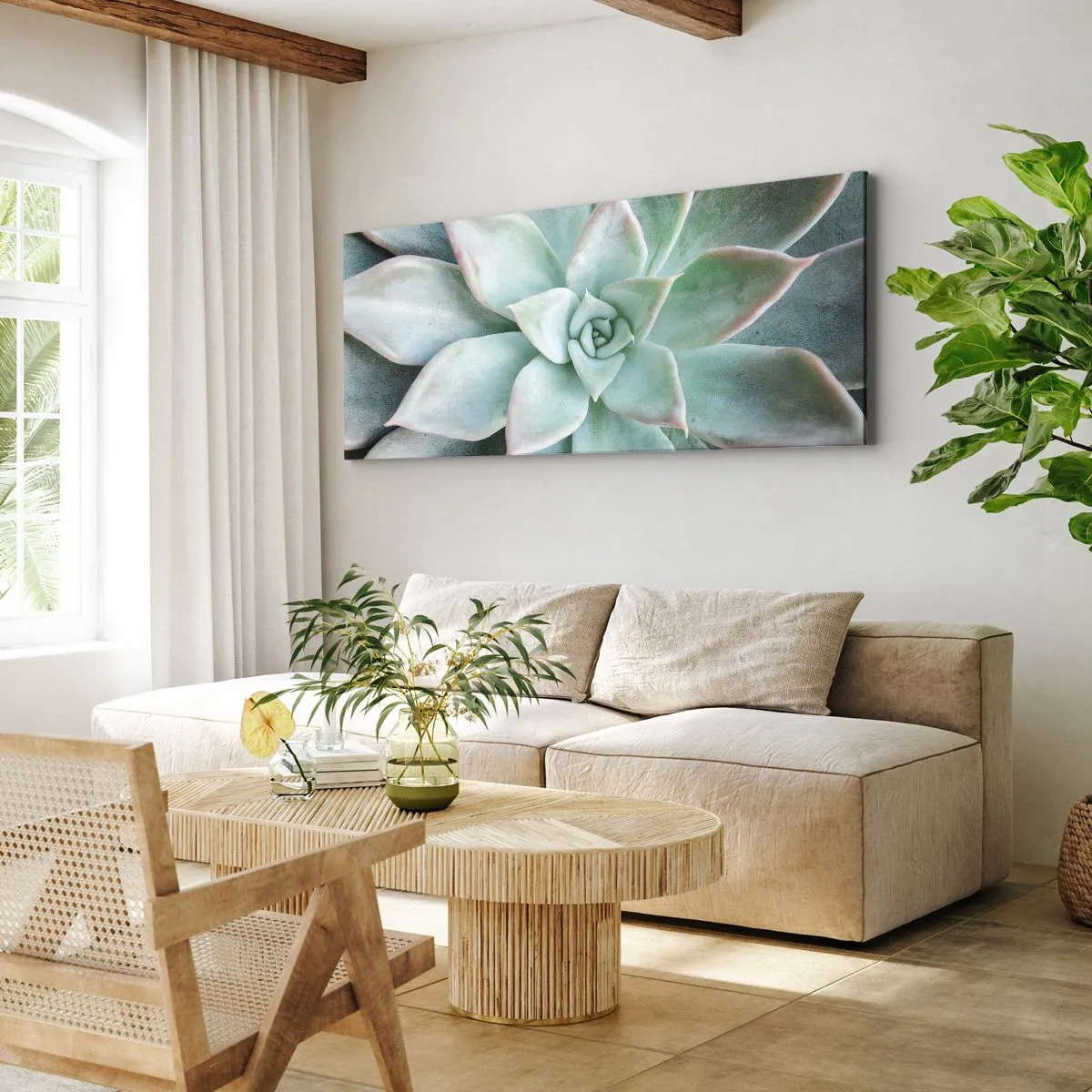 Impression sur toile - Image sur toile - Gros plan d'une succulente verte - 120x50cm - Le coeur du désert - Décoration murale moderne pour le salon et la chambre ARTTOR