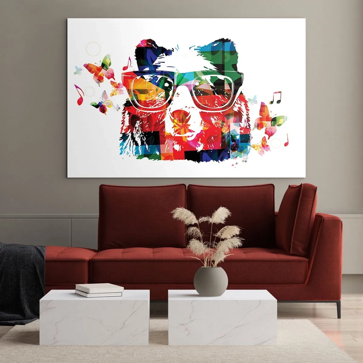 Impression sur verre - Image sur verre - Ours coloré avec des lunettes de style pop art sur le thème de la musique - 100x70cm - Ca plait au chien! - Décoration murale moderne pour le salon et la chambre ARTTOR