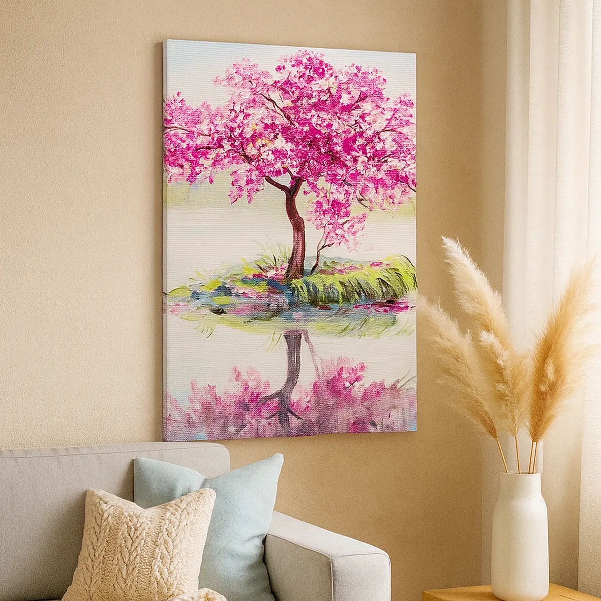 Impression sur toile - Image sur toile - Un arbre en fleurs sur une eau calme - 50x70cm - Fête du Printemps - Décoration murale moderne pour le salon et la chambre ARTTOR