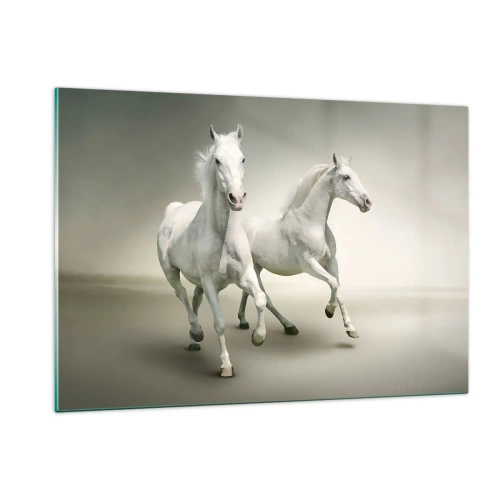 Impression sur verre - Image sur verre - Deux chevaux blancs courant sur un fond clair - 120x80cm - White power! - Décoration murale moderne pour le salon et la chambre ARTTOR