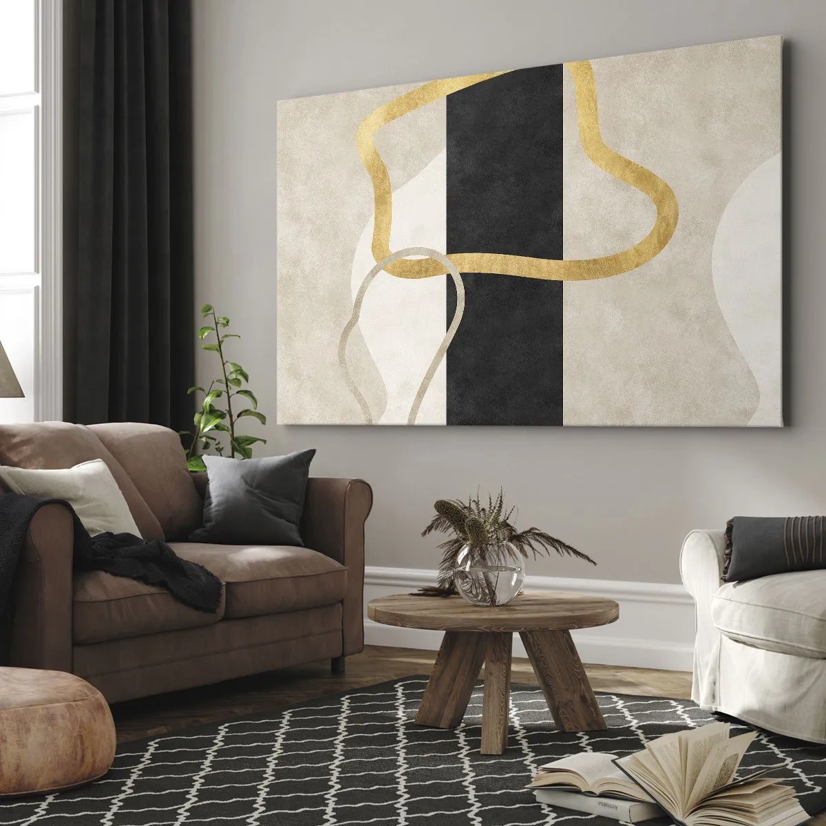 Impression sur toile - Image sur toile - Un design minimaliste avec des formes bouclées en or et noir. - 70x50cm - Formes emmellées - Décoration murale moderne pour le salon et la chambre ARTTOR