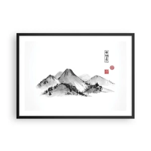 Affiche dans un cadre noir - Poster - Paysage de montagne traditionnel dans le style de la peinture à l'encre japonaise - 70x50cm - Au-delà de la distance - Décoration murale moderne pour le salon et la chambre ARTTOR