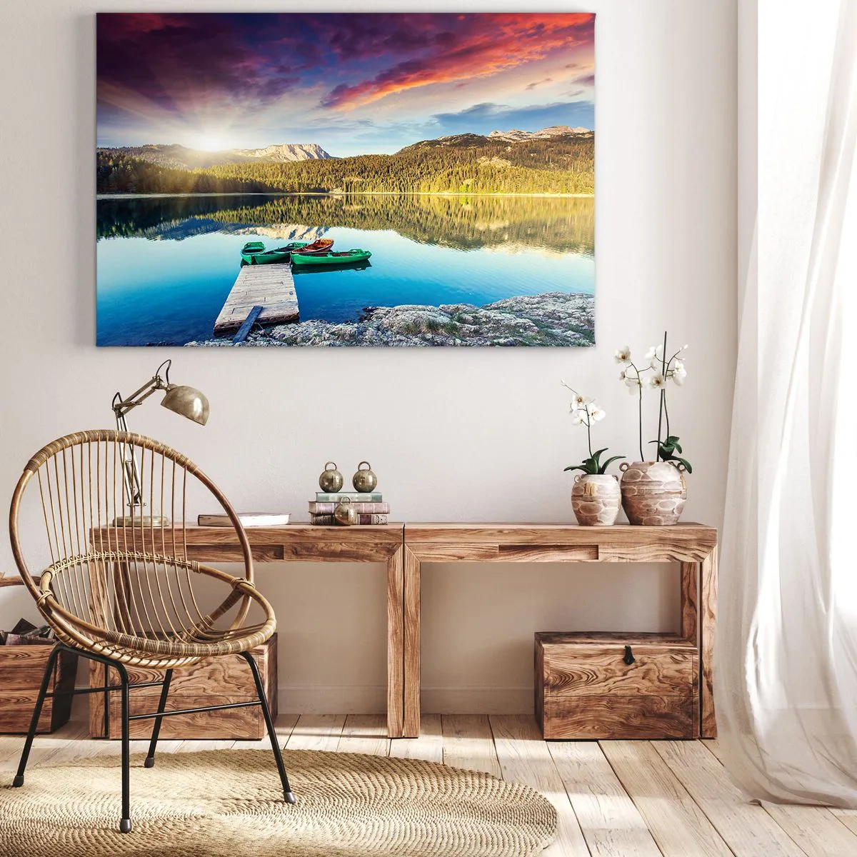 Impression sur toile - Image sur toile - Coucher de soleil sur le lac avec des bateaux à l'embarcadère - 100x70cm - Aussi lisse qu'un miroir au-dessus de l'eau - Décoration murale moderne pour le salon et la chambre ARTTOR