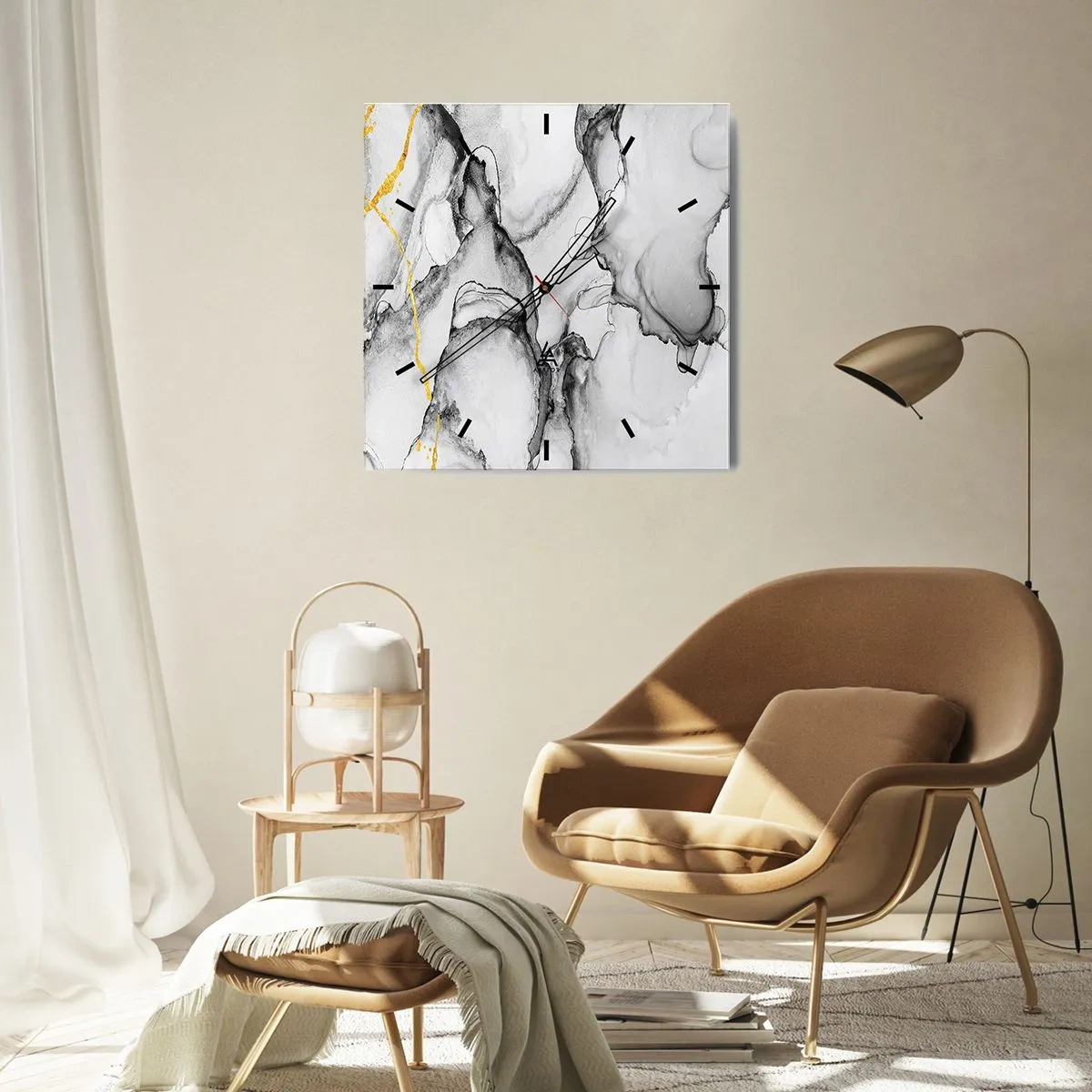 Horloge murale - Pendule murale - Motifs abstraits en noir et blanc avec des accents dorés - 30x30cm - Composition à motif or - Décoration murale moderne pour le salon et la chambre ARTTOR