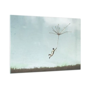 Impression sur verre - Image sur verre - Un garçon volant avec une graine de pissenlit au-dessus d'une prairie - 100x70cm - Cerfs-volants, pissenlits, vent - Décoration murale moderne pour le salon et la chambre ARTTOR