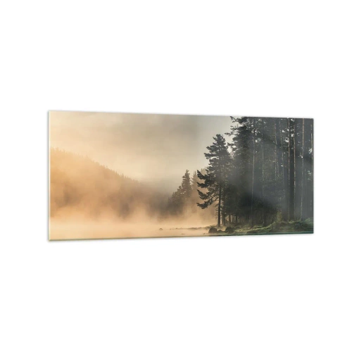 Impression sur verre - Image sur verre - Une forêt brumeuse sur un lac calme - 120x50cm - Naissance du jour - Décoration murale moderne pour le salon et la chambre ARTTOR
