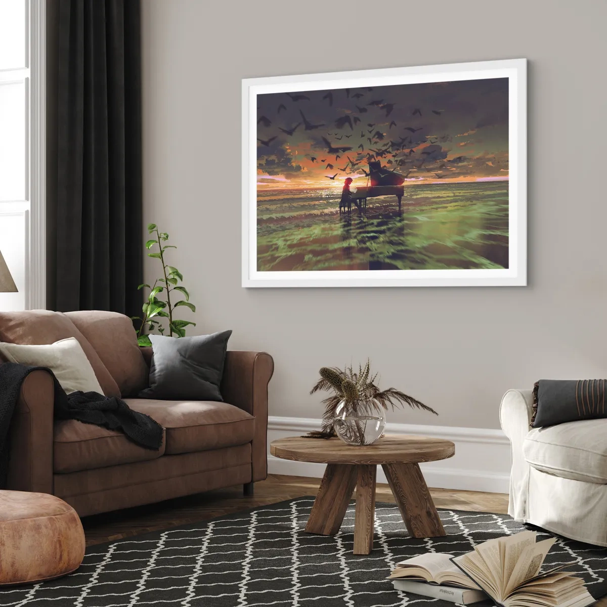 Affiche dans un cadre blanc - Poster - Concert pour piano et vagues - 100x70 cm