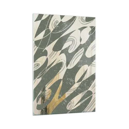 Impression sur verre - Image sur verre - Formes dynamiques dans des tons de vert et d'or - 80x120cm - Abstraction rythmique - Décoration murale moderne pour le salon et la chambre ARTTOR