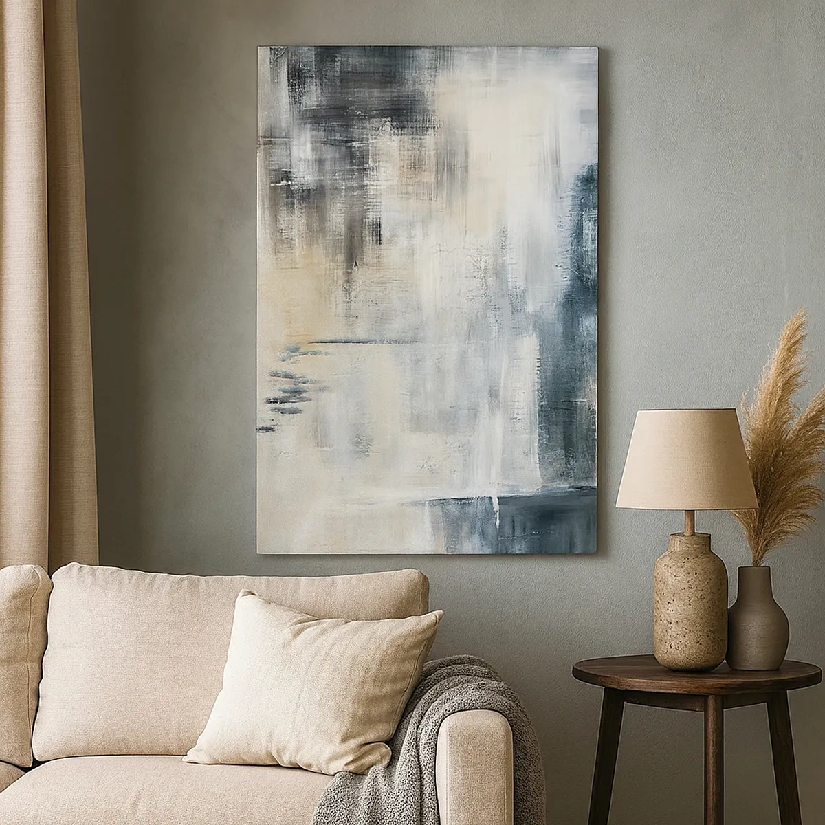 Impression sur toile - Image sur toile - Composition abstraite dans les tons de bleu et de gris - 50x70cm - Derrière le rideau bleu - Décoration murale moderne pour le salon et la chambre ARTTOR