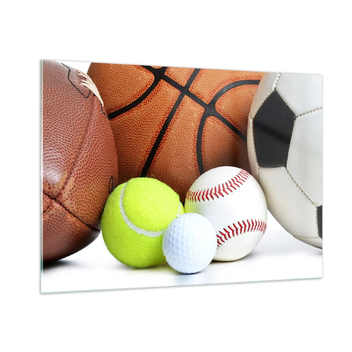 Impression sur verre - Image sur verre - Un ensemble de ballons de sport sur fond blanc - 100x70cm - Le football nous connecte ! - Décoration murale moderne pour le salon et la chambre ARTTOR