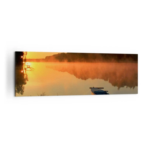 Impression sur toile - Image sur toile - Brouillard matinal sur la rivière avec un bateau sous les rayons du soleil - 160x50cm - Lever du soleil sur l'eau comme un miroir - Décoration murale moderne pour le salon et la chambre ARTTOR