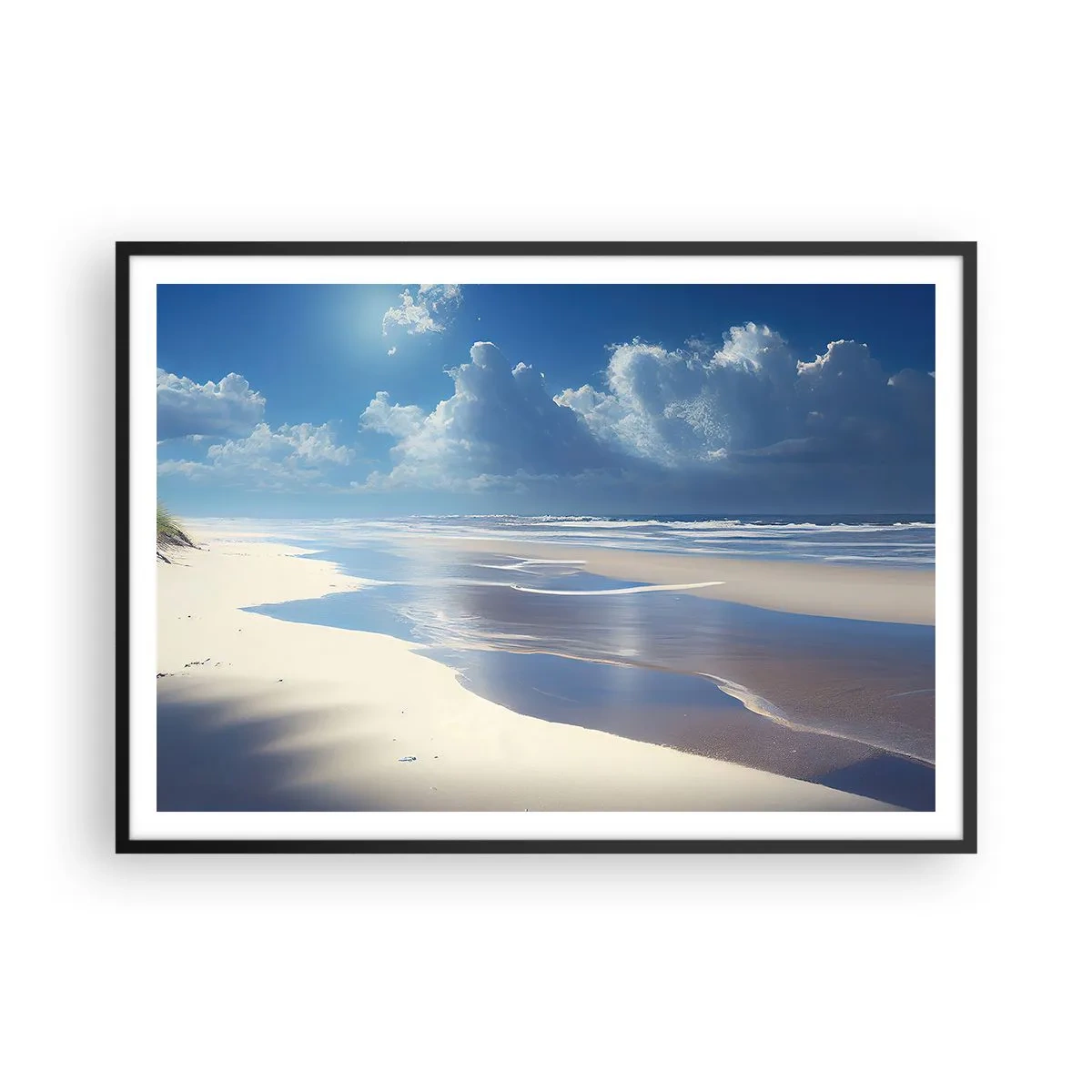 Affiche dans un cadre noir - Poster - Une plage de sable avec des vagues sous un ciel bleu - 100x70cm - Des vacances paradisiaques - Décoration murale moderne pour le salon et la chambre ARTTOR