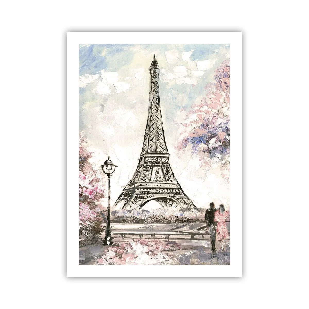 Affiche - Poster - La Tour Eiffel avec un paysage romantique aux couleurs pastel - 50x70cm - Balade d'avril à Paris - Décoration murale moderne pour le salon et la chambre ARTTOR