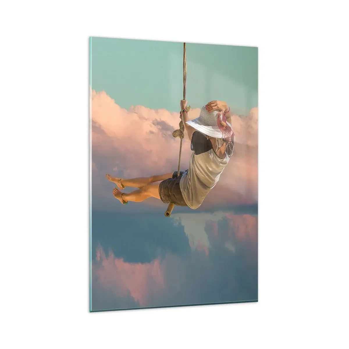 Impression sur verre - Image sur verre - Femme sur une balançoire parmi les nuages roses - 80x120cm - S'amuser dans les nuages - Décoration murale moderne pour le salon et la chambre ARTTOR