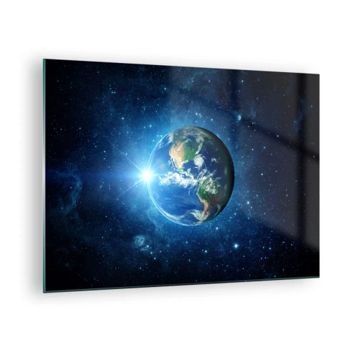 Impression sur verre - Image sur verre - La Terre vue de l'espace avec des rayons de lumière - 70x50cm - Nous sommes au paradis - Décoration murale moderne pour le salon et la chambre ARTTOR