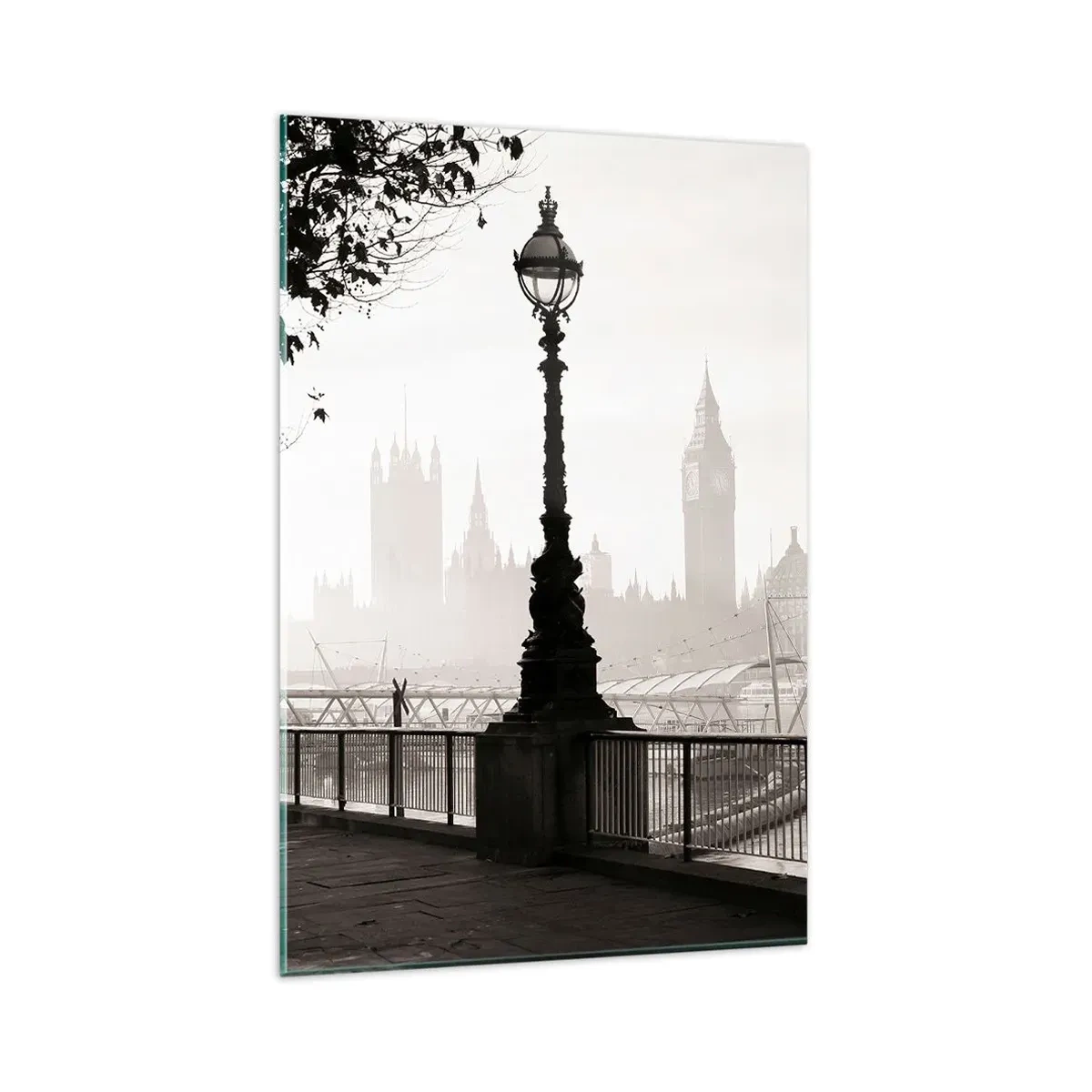 Impression sur verre - Image sur verre - Une vue monochrome de Big Ben et de la Tamise. - 80x120cm - Un matin londonien - Décoration murale moderne pour le salon et la chambre ARTTOR