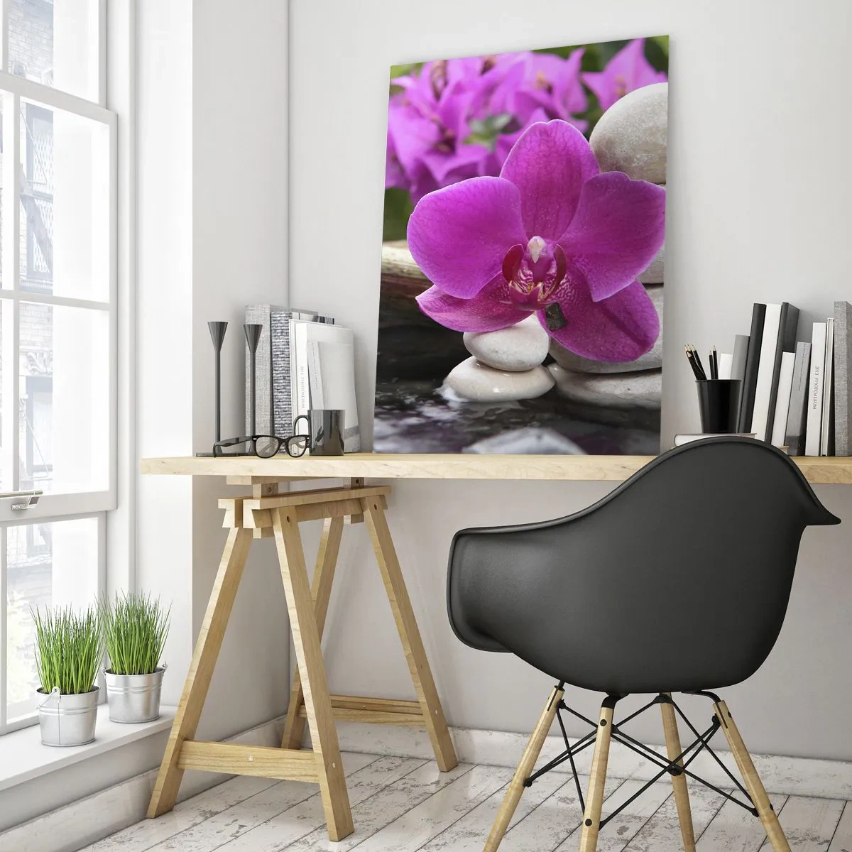 Impression sur verre - Image sur verre - Orchidée violette, pierres et cascade de bambou - 50x70cm - Tu te reposes déjà - Décoration murale moderne pour le salon et la chambre ARTTOR