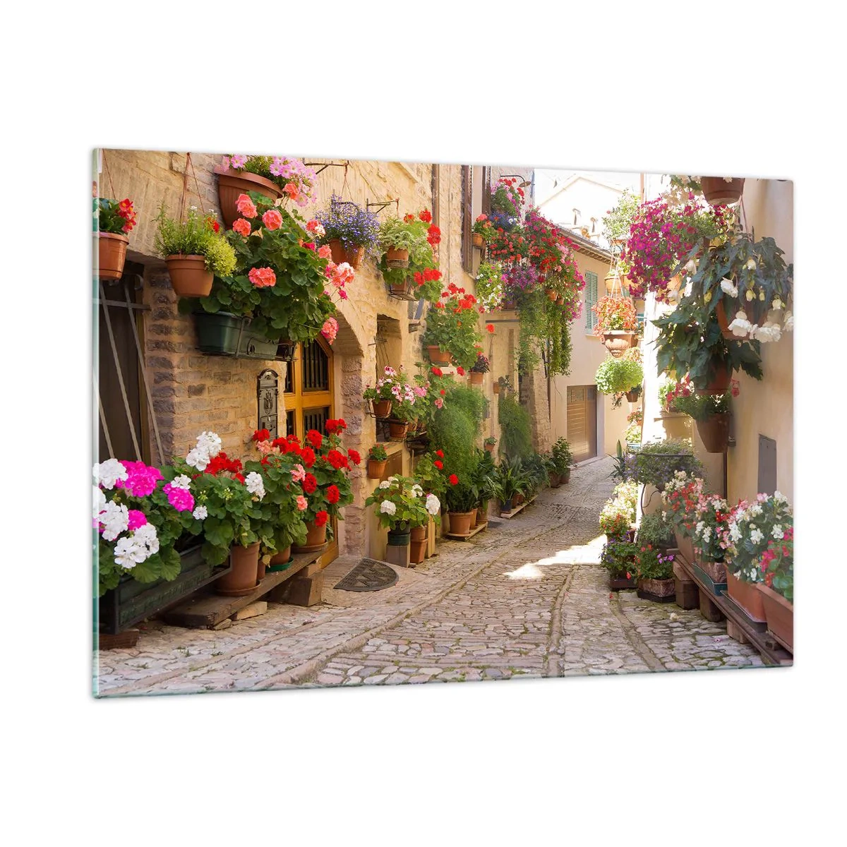 Impression sur verre - Image sur verre - Une rue pittoresque avec des fleurs en pot - 120x80cm - Une inondation de fleurs  - Décoration murale moderne pour le salon et la chambre ARTTOR