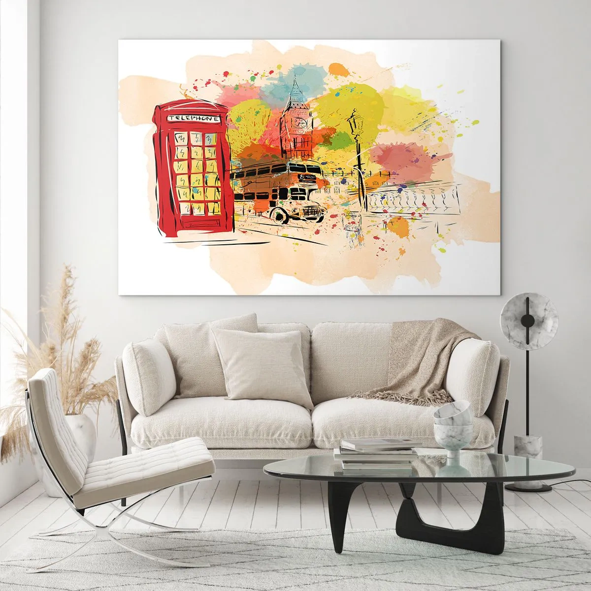 Impression sur verre - Image sur verre - Une cabine téléphonique rouge, un bus à impériale et Big Ben - 120x80cm - La ville de la variété - Décoration murale moderne pour le salon et la chambre ARTTOR