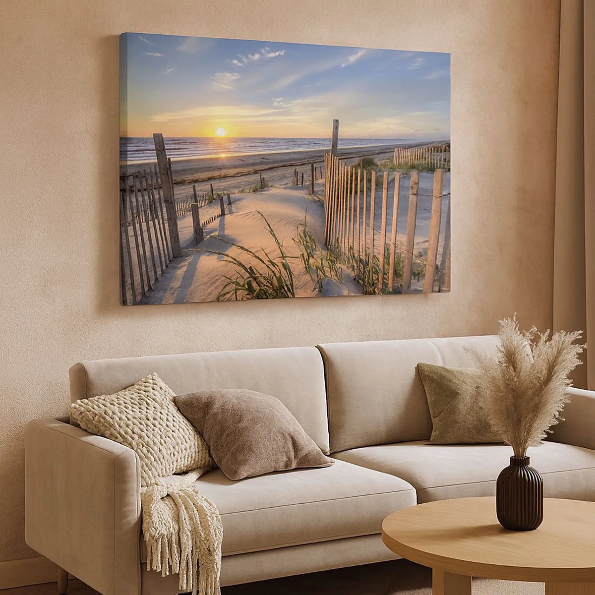 Impression sur toile - Image sur toile - Plage au coucher du soleil avec clôture en bois - 70x50cm - Ombre et brillance du vent - Décoration murale moderne pour le salon et la chambre ARTTOR