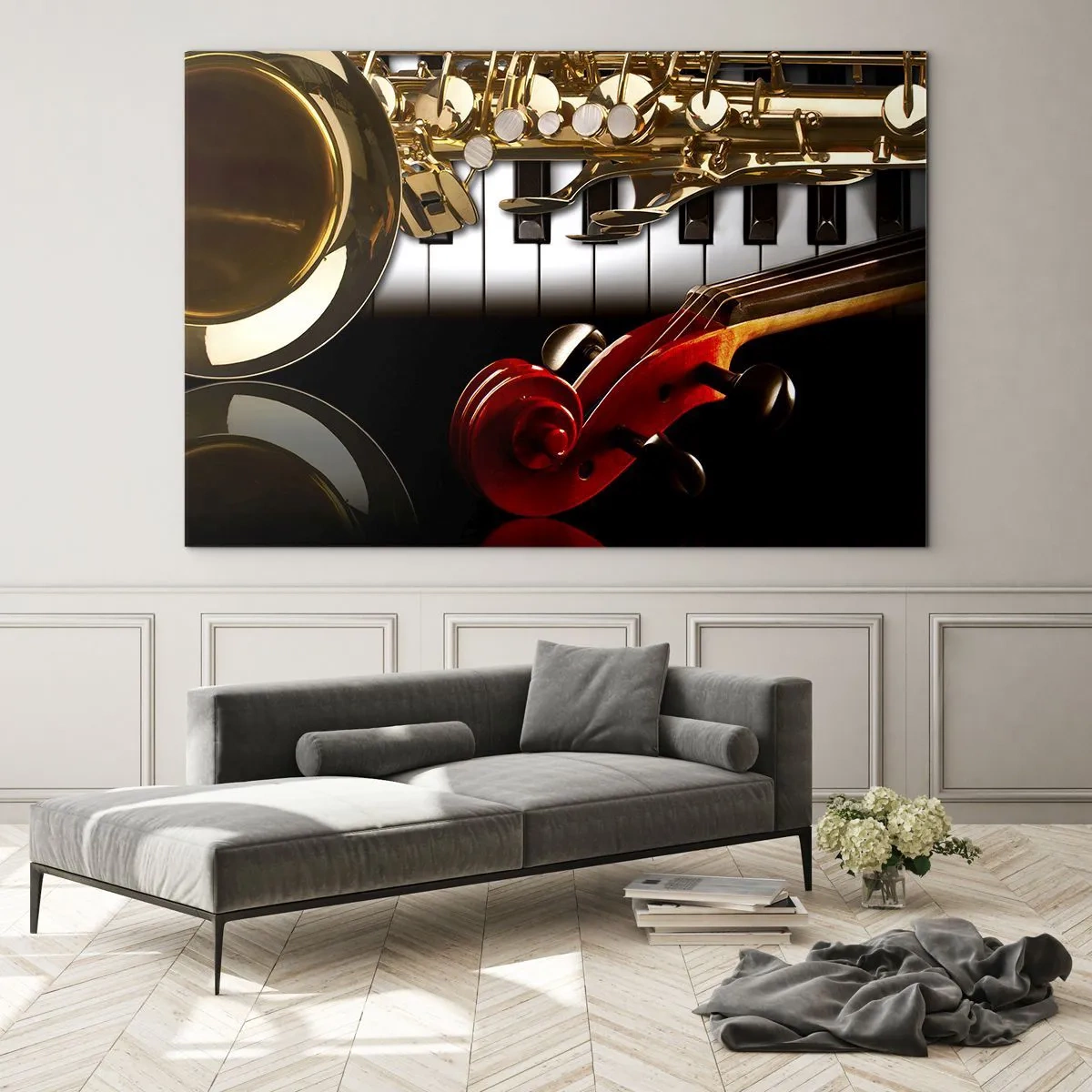Impression sur verre - Image sur verre - Saxophone, clavier et archet dans une composition artistique - 70x50cm - Tôle, bois et ivoire - Décoration murale moderne pour le salon et la chambre ARTTOR