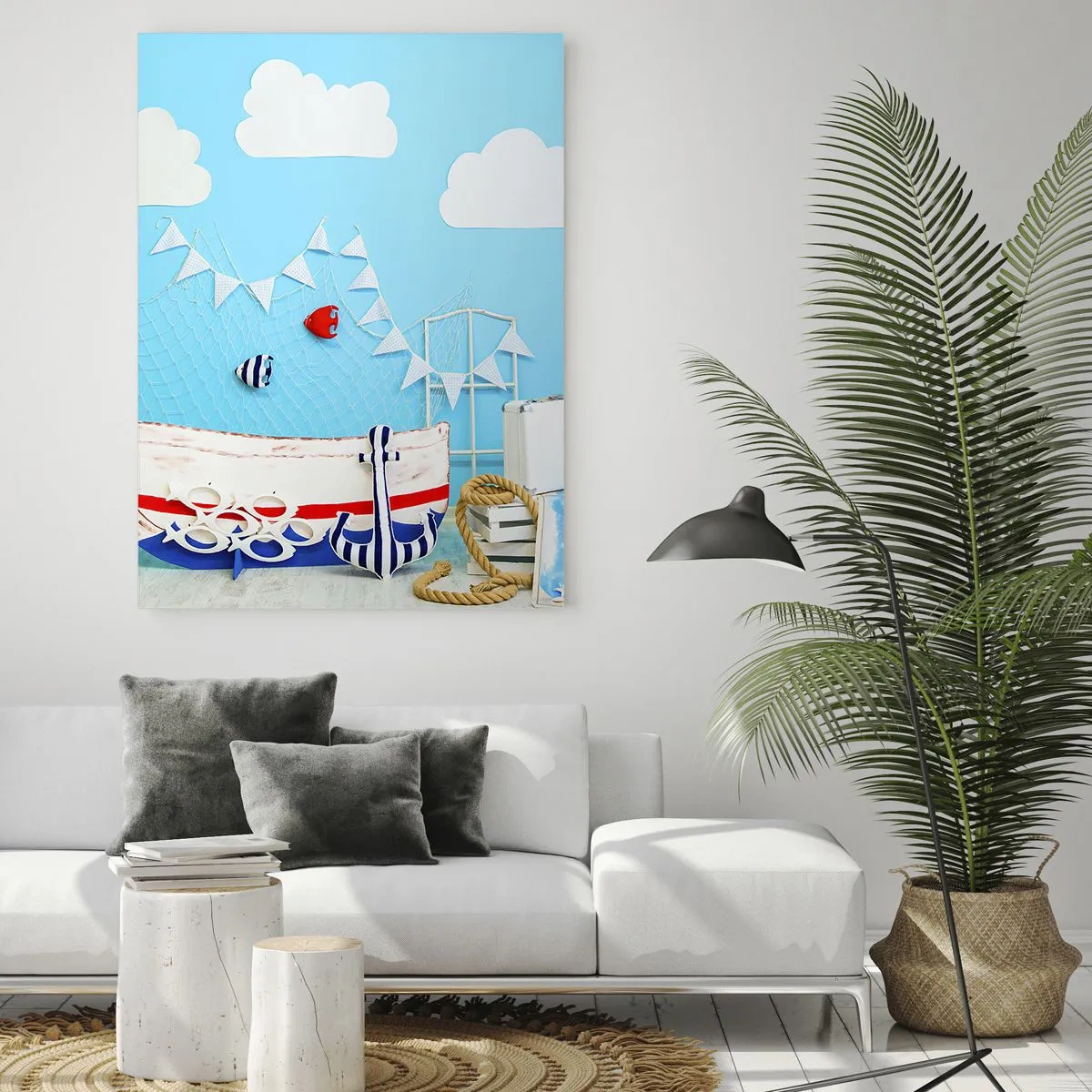 Impression sur verre - Image sur verre - Scène marine décorative avec un bateau et des accessoires nautiques - 50x70cm - Nostalgie infantile de l'aventure - Décoration murale moderne pour le salon et la chambre ARTTOR