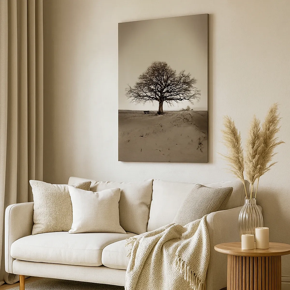 Impression sur toile - Image sur toile - Un arbre solitaire dans un champ de sépia - 50x70cm - D'ici à l'éternité - Décoration murale moderne pour le salon et la chambre ARTTOR