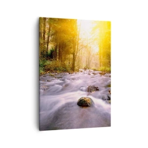 Impression sur toile - Image sur toile - Un ruisseau forestier illuminé par les rayons du soleil - 50x70cm - Malachite dans un cadre argent et or - Décoration murale moderne pour le salon et la chambre ARTTOR