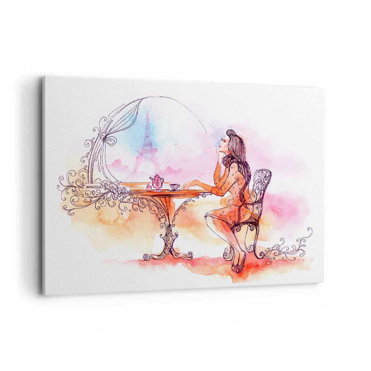 Impression sur toile - Image sur toile - Aquarelle romantique d'une femme dans un café surplombant une tour - 100x70cm - Le chic parisien - Décoration murale moderne pour le salon et la chambre ARTTOR