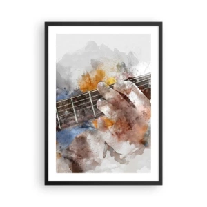Affiche dans un cadre noir - Poster - Main artistique jouant de la guitare dans un style aquarelle - 50x70cm - La poésie entre les cordes - Décoration murale moderne pour le salon et la chambre ARTTOR