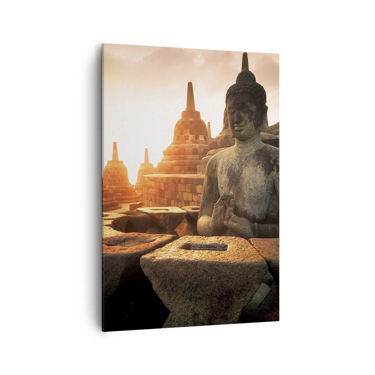 Impression sur toile - Image sur toile - Statue de Bouddha au temple de Borobudur au coucher du soleil - 70x100cm - Temps de grande sagesse - Décoration murale moderne pour le salon et la chambre ARTTOR