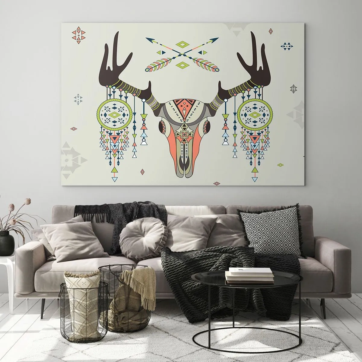 Impression sur verre - Image sur verre - Cornes symboliques et motifs amérindiens sur fond clair - 120x80cm - Trophée du chasseur indien - Décoration murale moderne pour le salon et la chambre ARTTOR