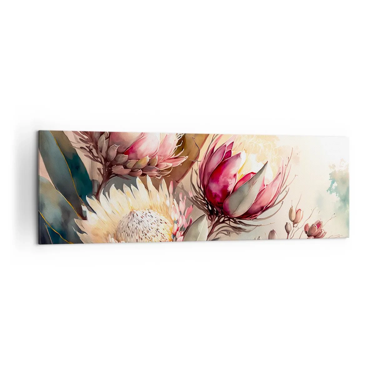 Impression sur toile - Image sur toile - Fleurs de Protea aux tons pastel délicats - 160x50cm - De profil et de face - Décoration murale moderne pour le salon et la chambre ARTTOR