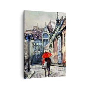 Impression sur toile - Image sur toile - Une charmante rue de la ville avec un couple sous un parapluie rouge - 70x100cm - Pluie pour deux - Décoration murale moderne pour le salon et la chambre ARTTOR