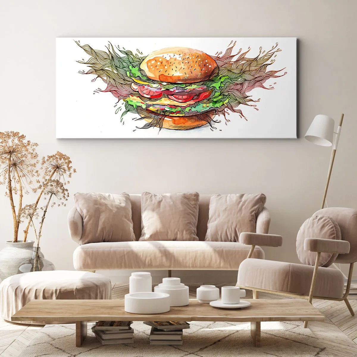 Impression sur toile - Image sur toile - Illustration artistique d'un burger avec des éléments dynamiques - 140x50cm - Tentation chaude - Décoration murale moderne pour le salon et la chambre ARTTOR