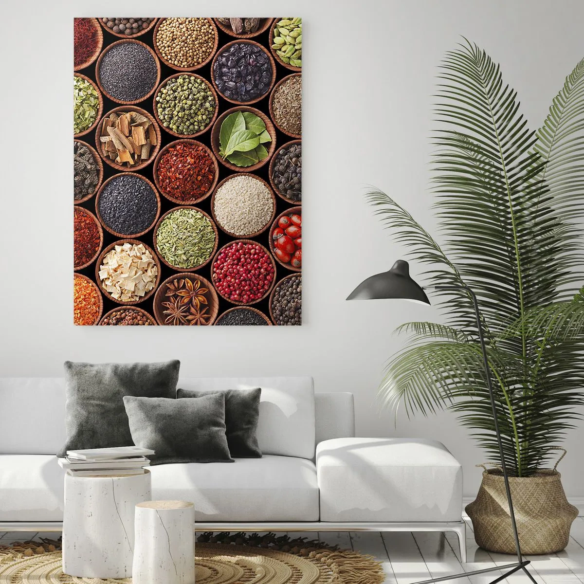 Impression sur verre - Image sur verre - Épices colorées dans des récipients ronds - 80x120cm - Toutes les saveurs du monde - Décoration murale moderne pour le salon et la chambre ARTTOR