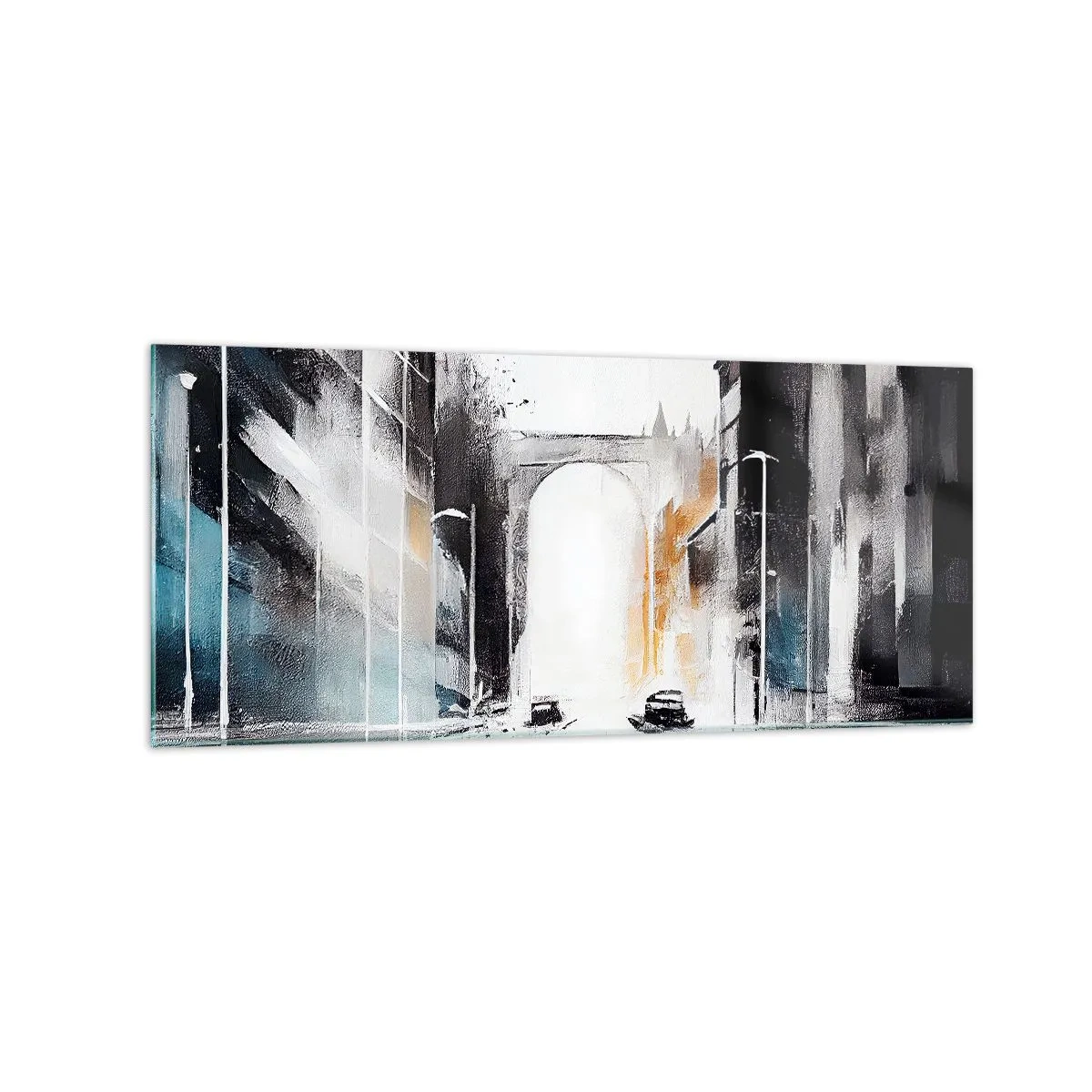Impression sur verre - Image sur verre - Panorama abstrait de la ville avec un pont en arc - 120x50cm - Étude de ville : architecture et mouvement - Décoration murale moderne pour le salon et la chambre ARTTOR