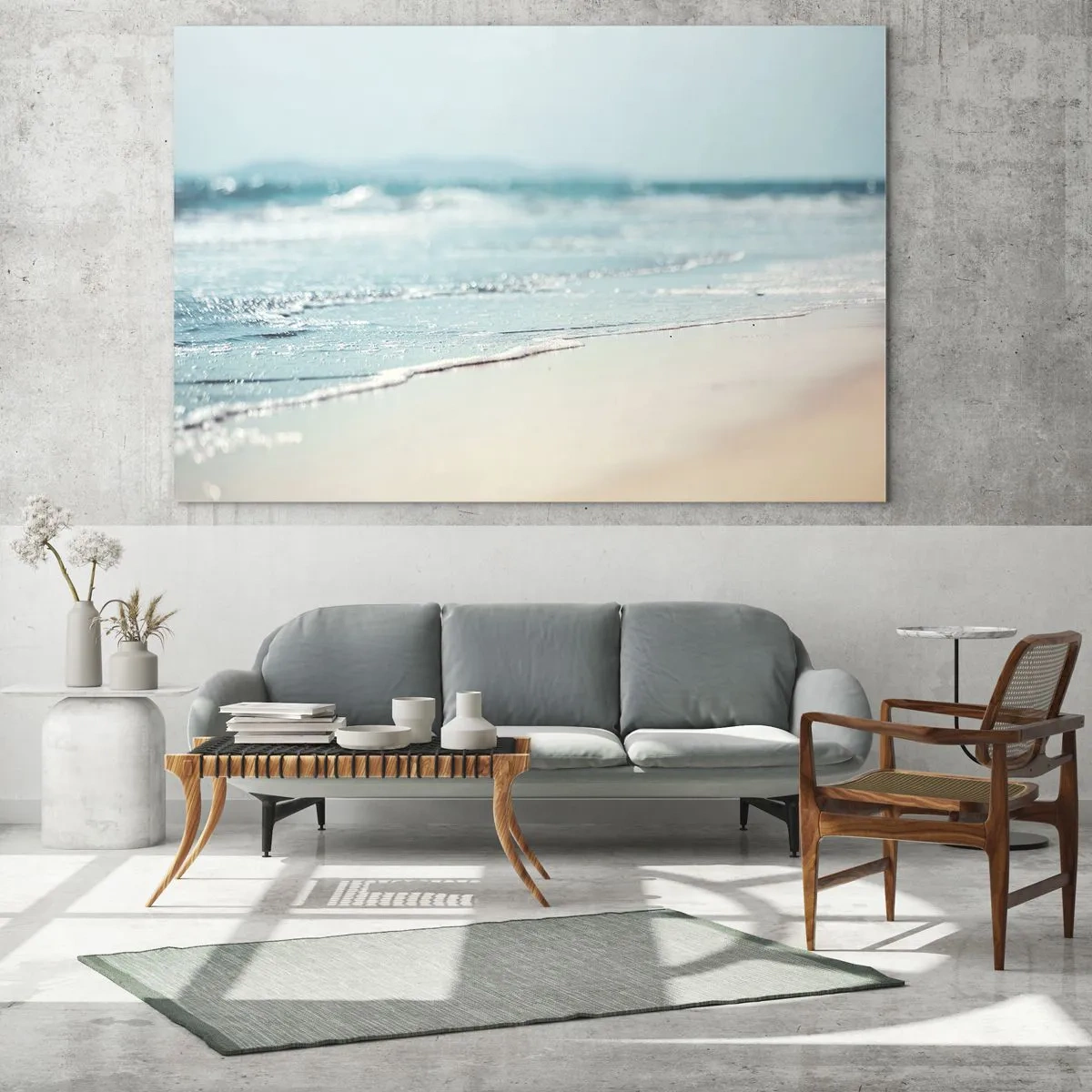 Impression sur verre - Image sur verre - Douces vagues de l'océan léchant la plage de sable - 70x50cm - Chaleur et bruissement - Décoration murale moderne pour le salon et la chambre ARTTOR