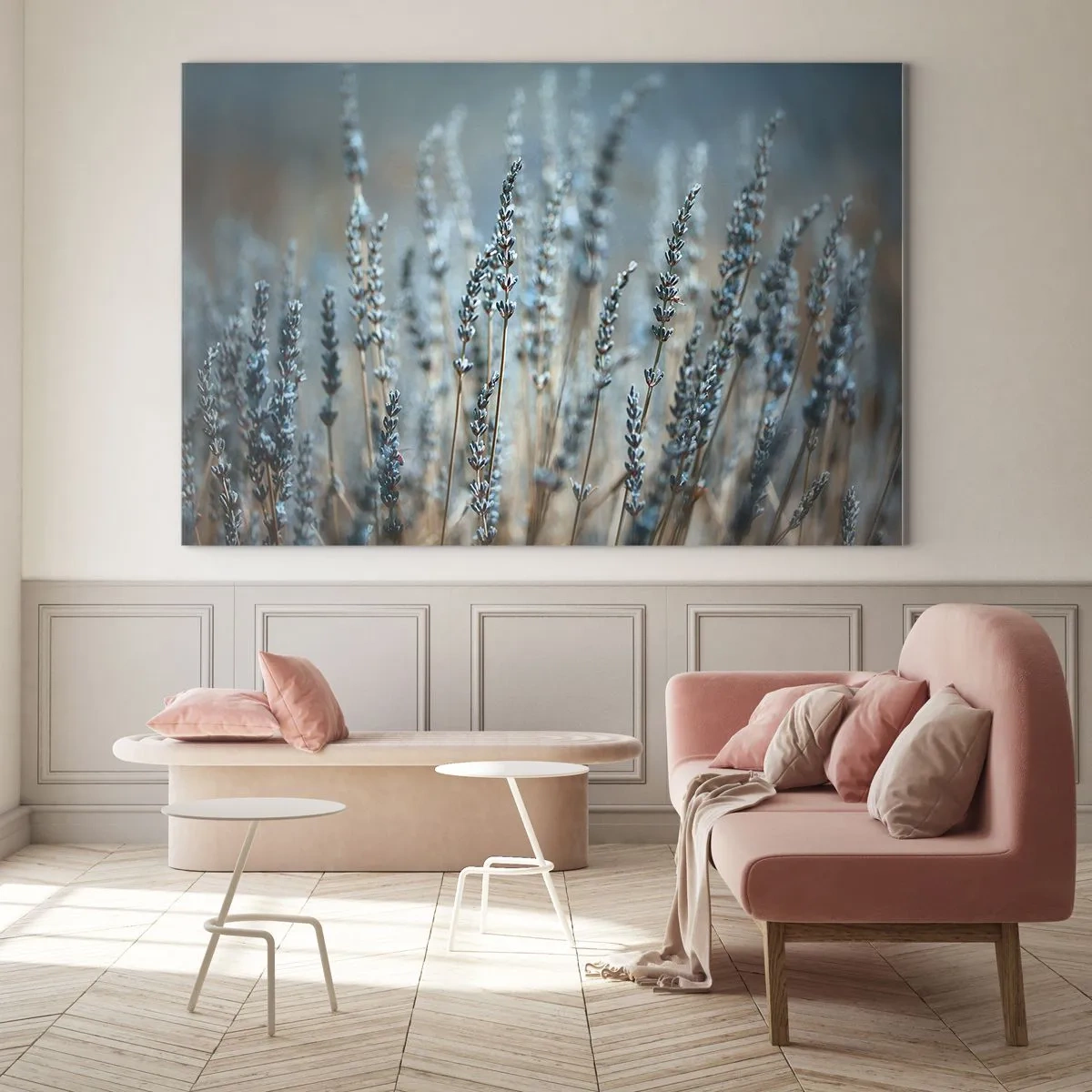 Impression sur verre - Image sur verre - Un champ de lavande dans une lumière douce et fraîche - 70x50cm - Tige odorante - Décoration murale moderne pour le salon et la chambre ARTTOR