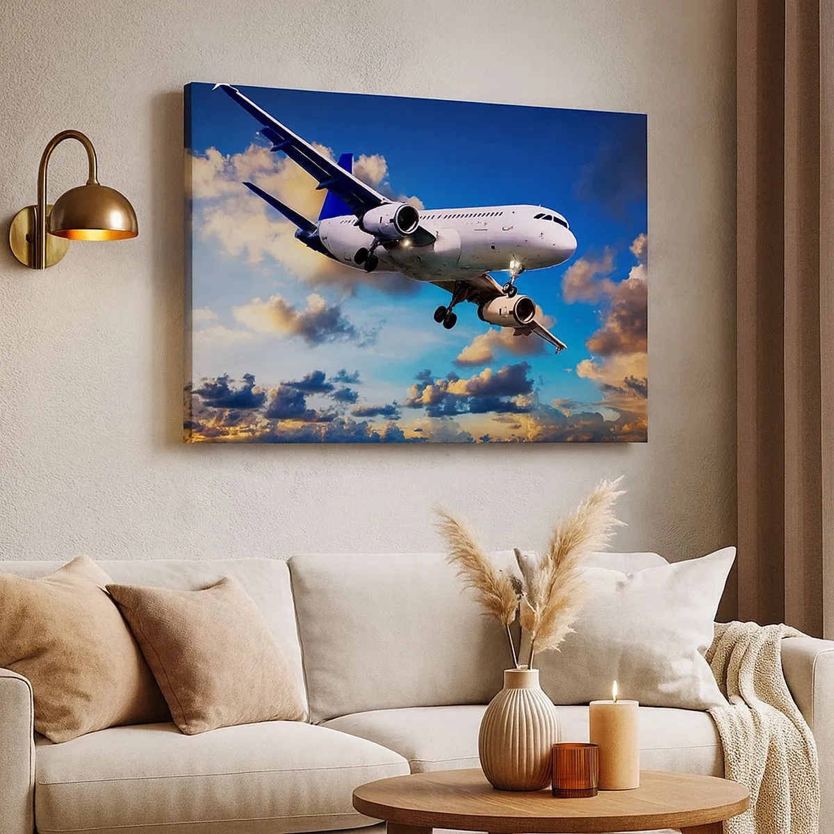 Impression sur toile - Image sur toile - Un avion de ligne contre les nuages au coucher du soleil - 70x50cm - Un voyage en blanc et bleu ciel - Décoration murale moderne pour le salon et la chambre ARTTOR