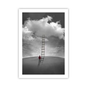 Affiche - Poster - Un homme debout près d'une échelle menant aux nuages - 50x70cm - Tout est possible - Décoration murale moderne pour le salon et la chambre ARTTOR
